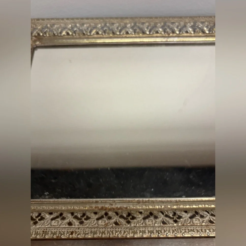 Vintage Glass Vanity Mirror Tray Gold Metal and Glass